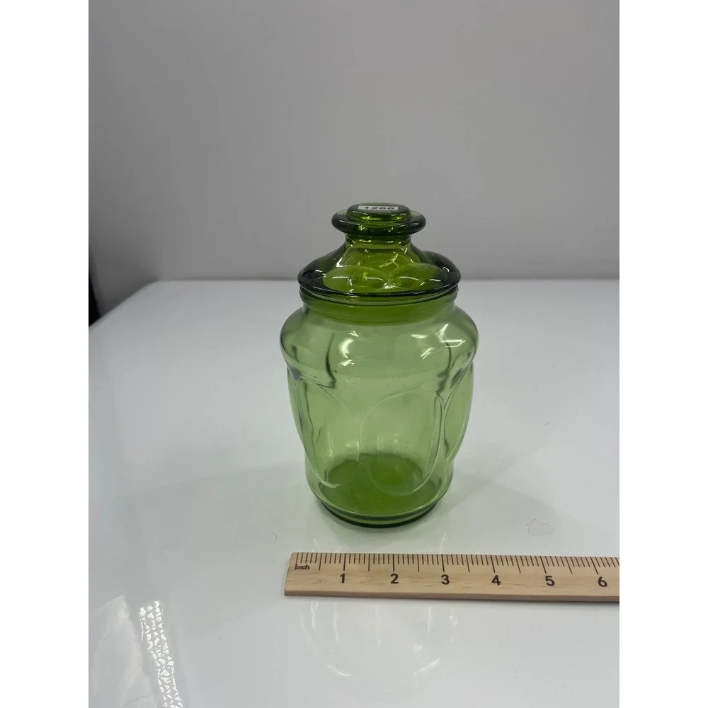 Vintage Green Glass Apothecary Jar Thumbprint Canister with Lid 6.5 Inch